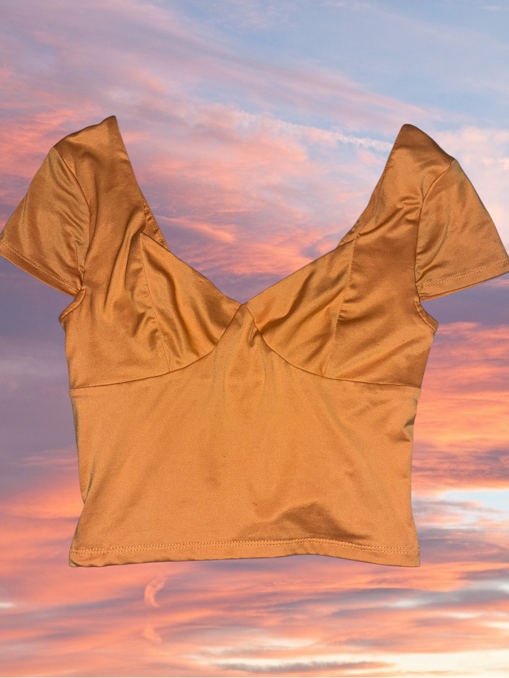 Iris Orange Satin V-Neck Flutter Sleeve Crop Top Size S | Soft Y2K